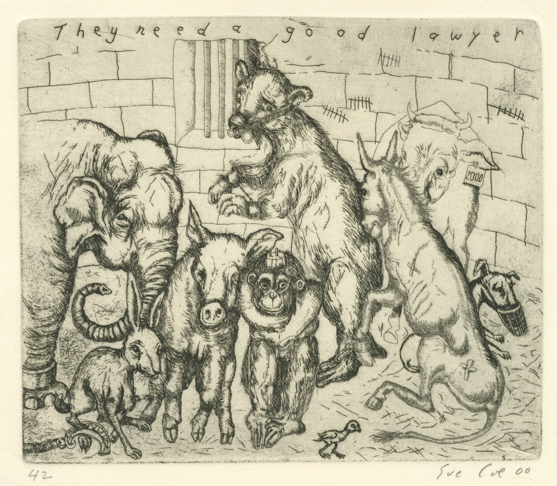 Scene of multiple animals, including a cow, pig, monkey and elephant, in a cell.